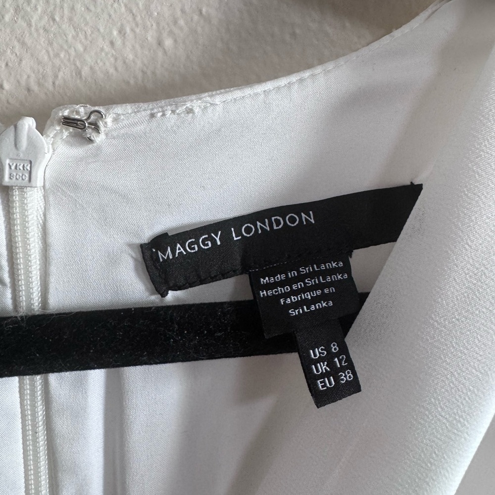 Maggy London Ivory Black Faux Wrap Puff Sleeve Midi Dress NWT Size 8 - Picture 3 of 5